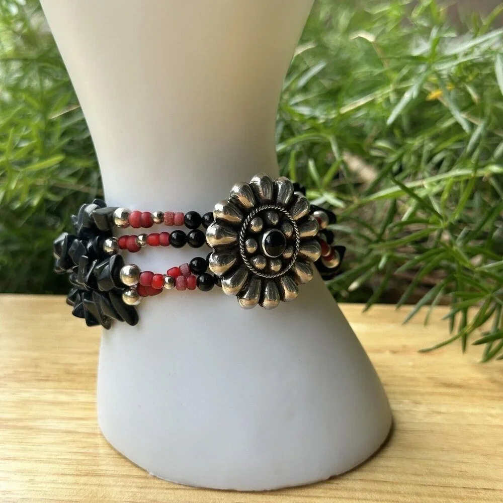 VTG‎ Flower Sterling Silver Bracelet Buffalo Nickel Clasp Black Onyx Red Beads